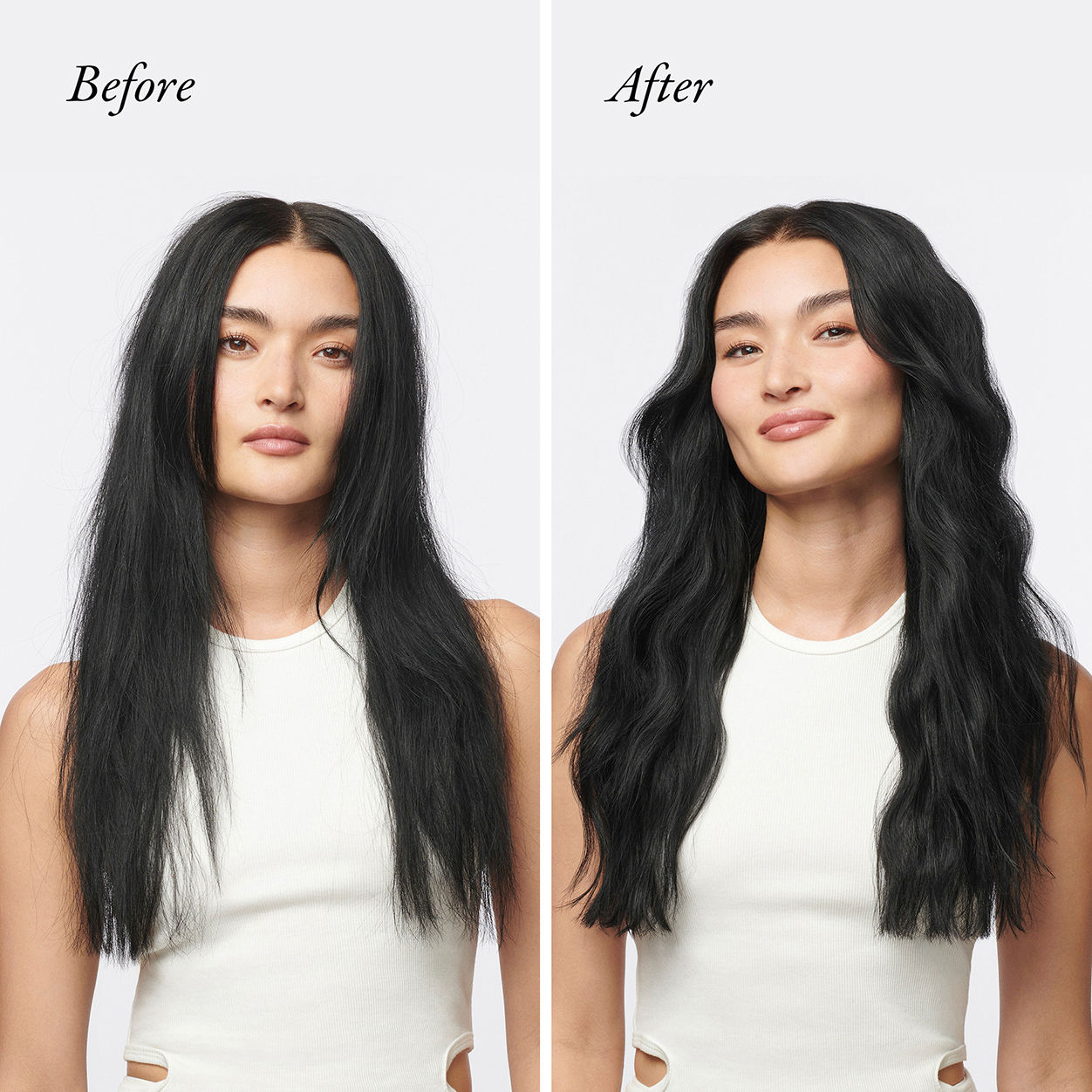 Before and after results of using Oribe Hair Alchemy Heatless Styling Balm