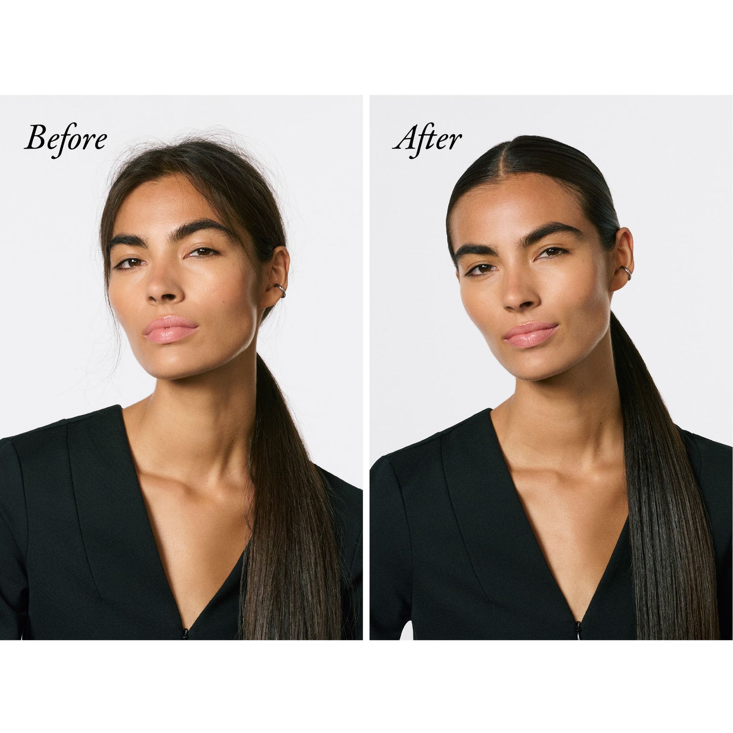 Before and after results of using Oribe Supershine Smoothing Wax Stick