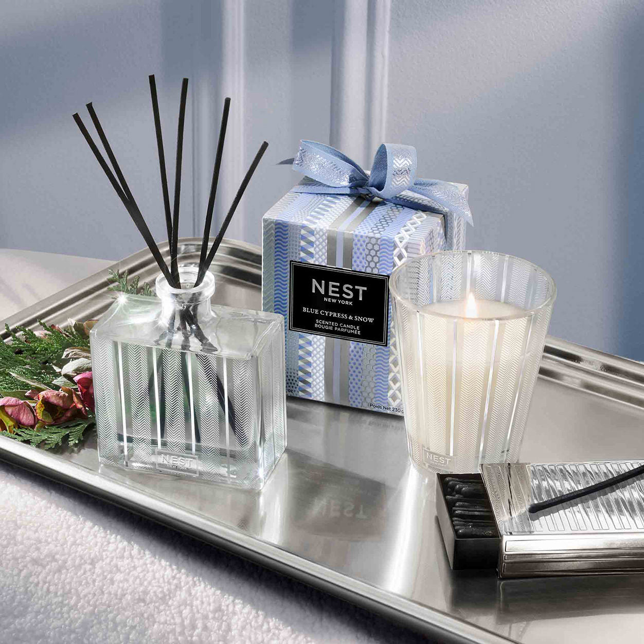 Lifestyle image of Nest Blue Cypress and Snow Reed Diffuser (Limited Edition)