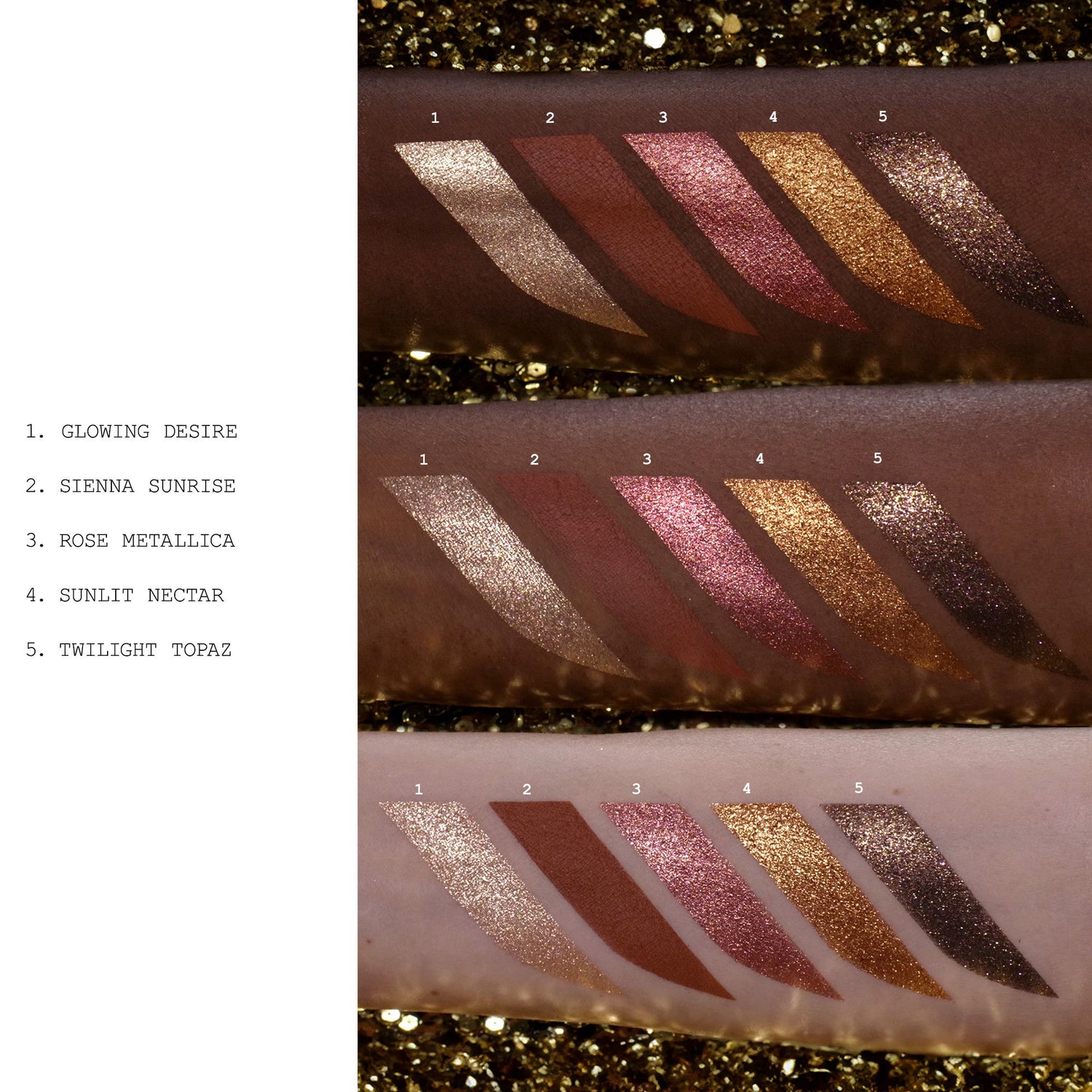 An arm swatch of Pat McGrath Labs Luminous Legends Eye Shadow Palette: Dawn Divinity (Limited Edition)