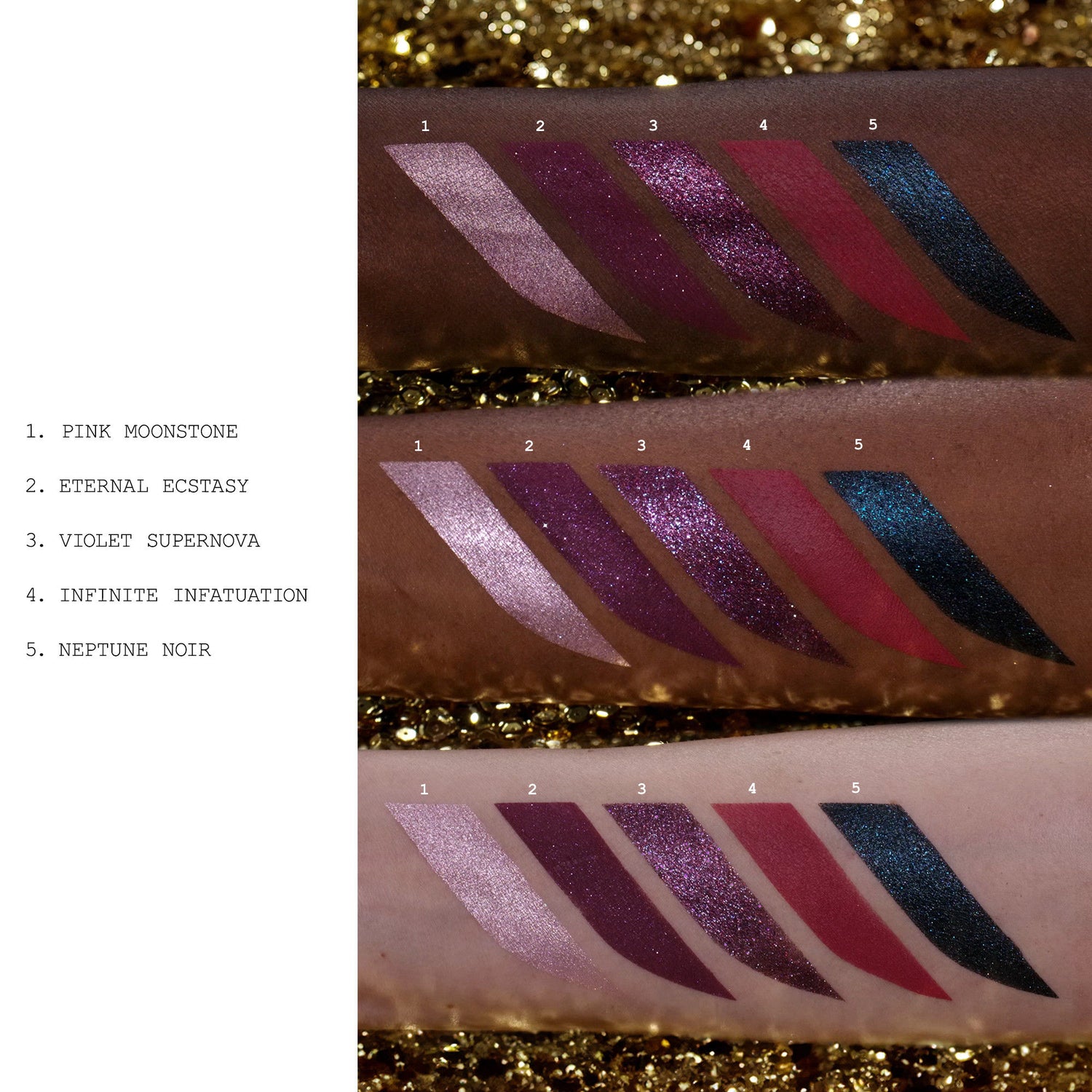 An arm swatch of Pat McGrath Labs Luminous Legends Eye Shadow Palette: Starfall Seduction (Limited Edition)