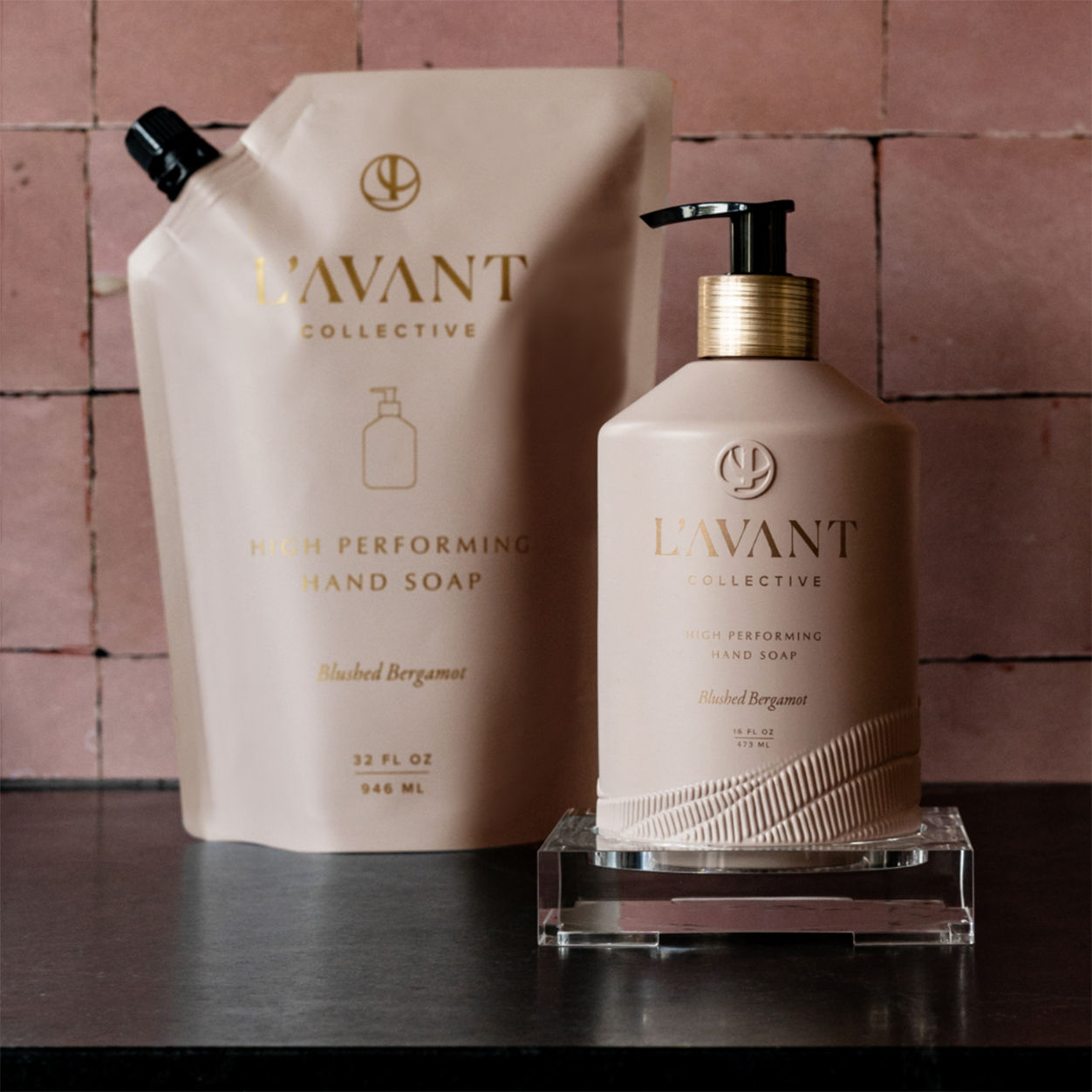 Lifestyle image of L’Avant Collective High Performing Hand Soap Refill Blushed Bergamot