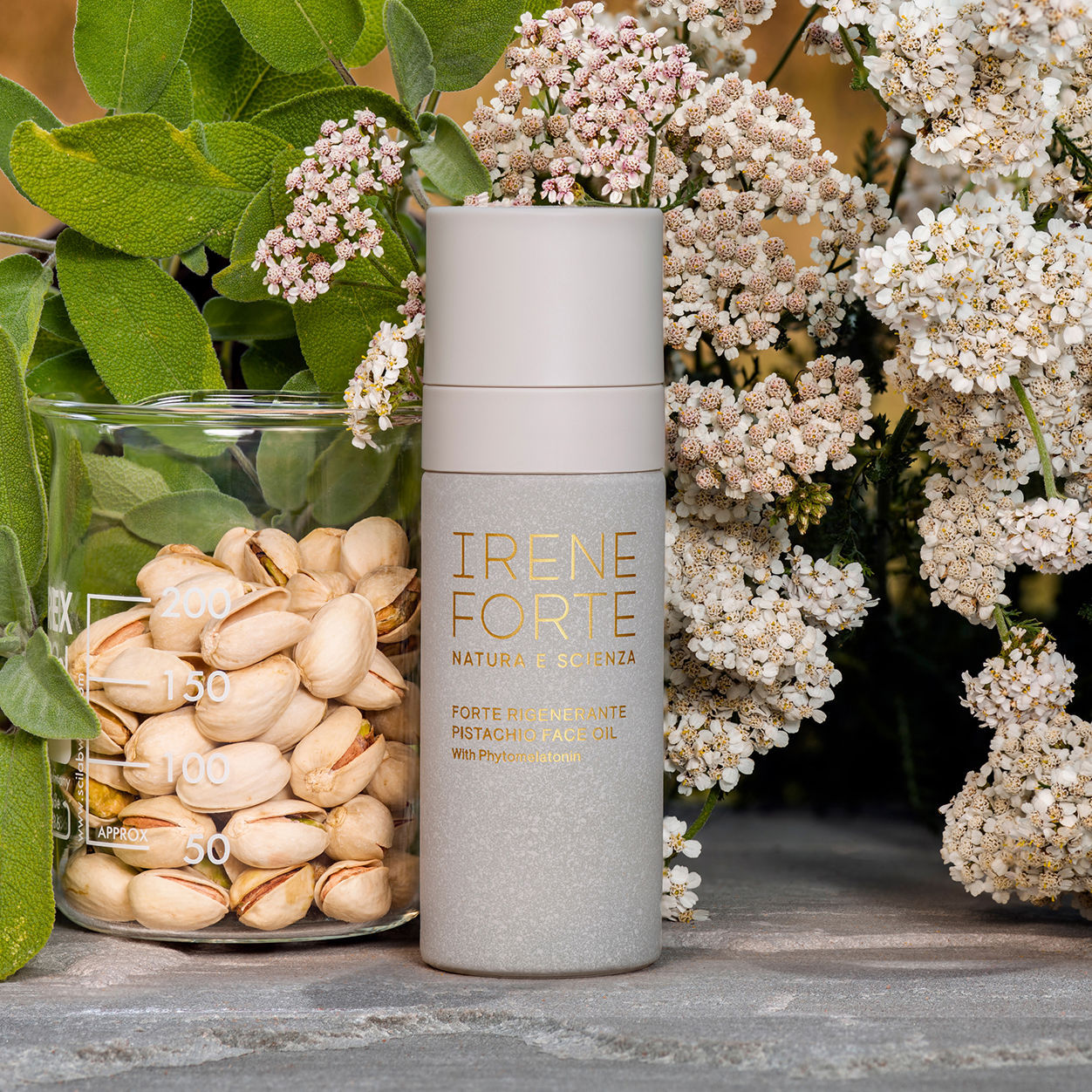 Lifestyle image of Irene Forte Pistachio Face Oil with Phytomelatonin