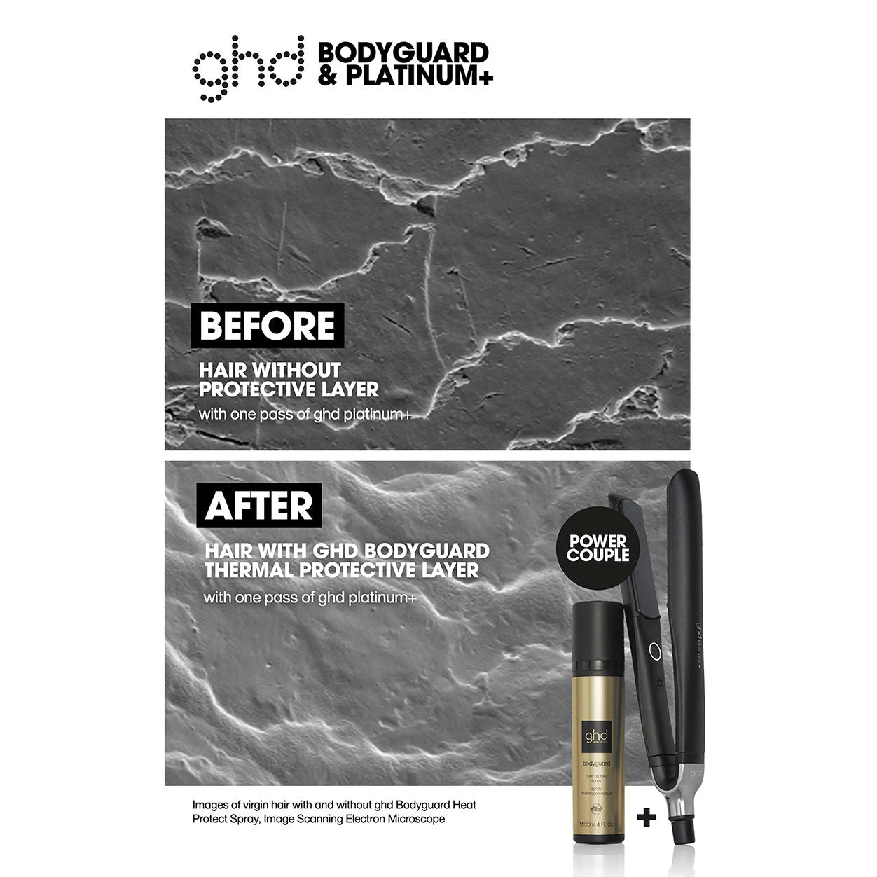 Before and after results of using GHD Bodyguard Heat Protect Spray