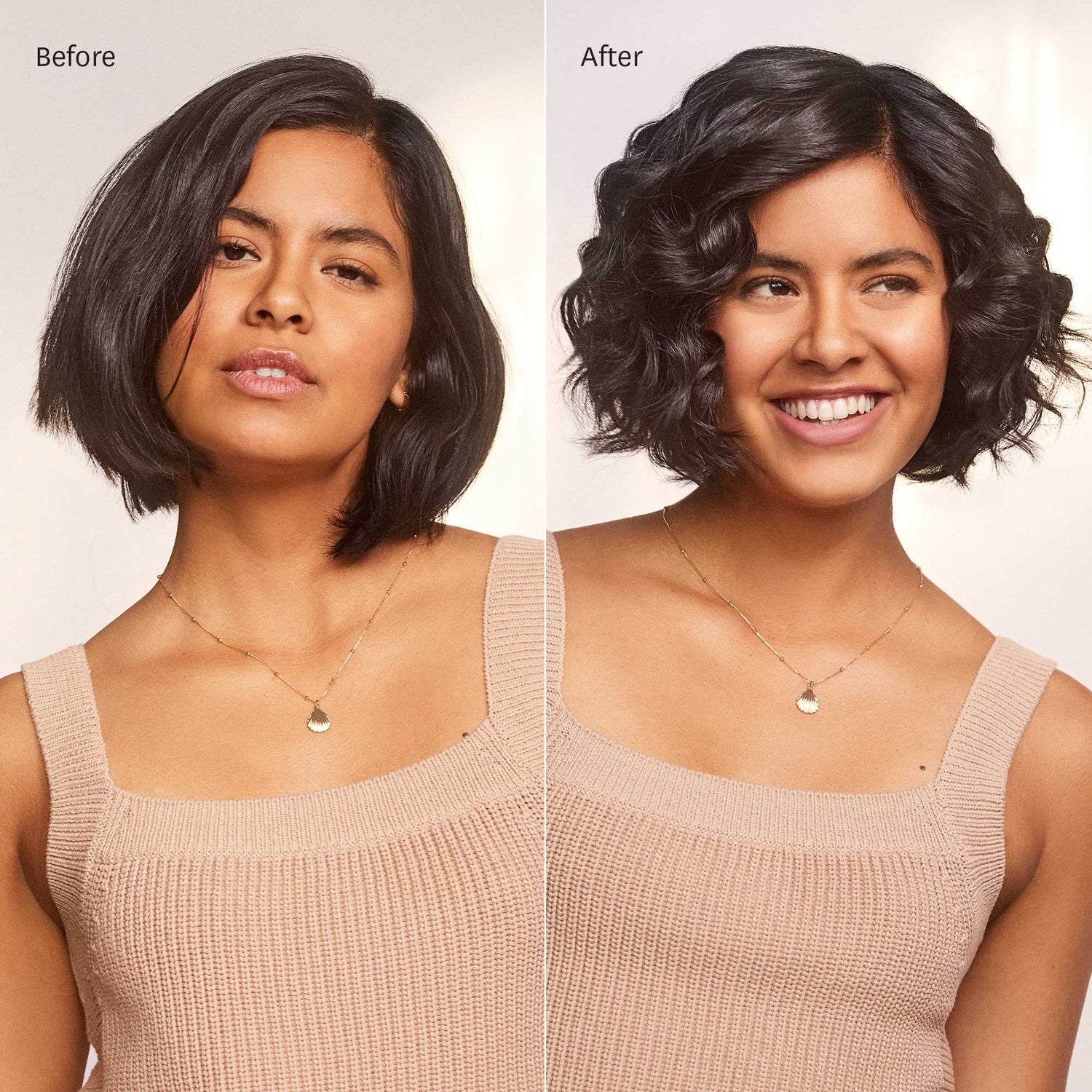 Before and after results of using T3 Tousled Waves 1.25" -  0.75" Tapered Barrel