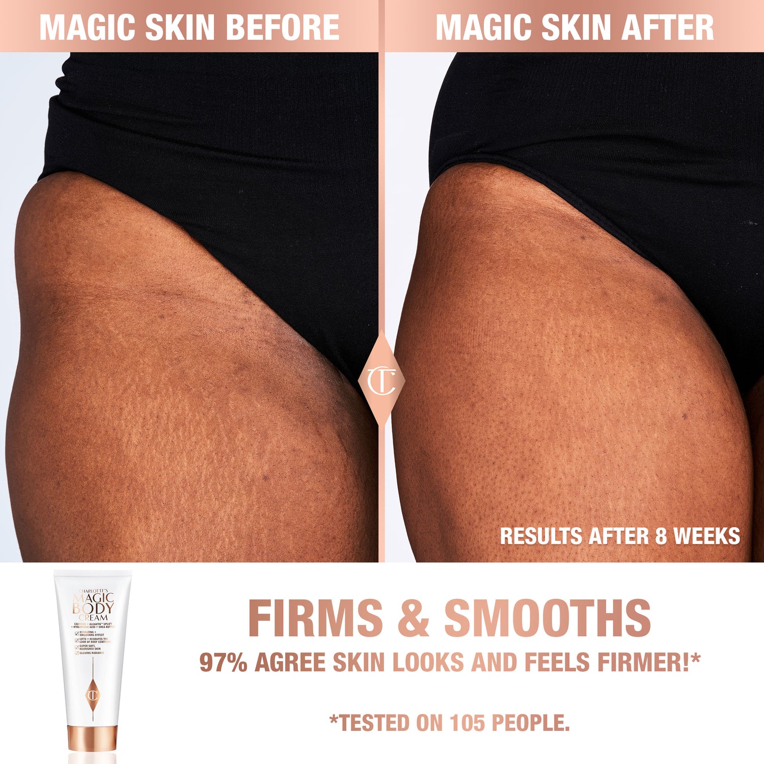 Before and after results of using Charlotte Tilbury Charlotte's Magic Body Cream