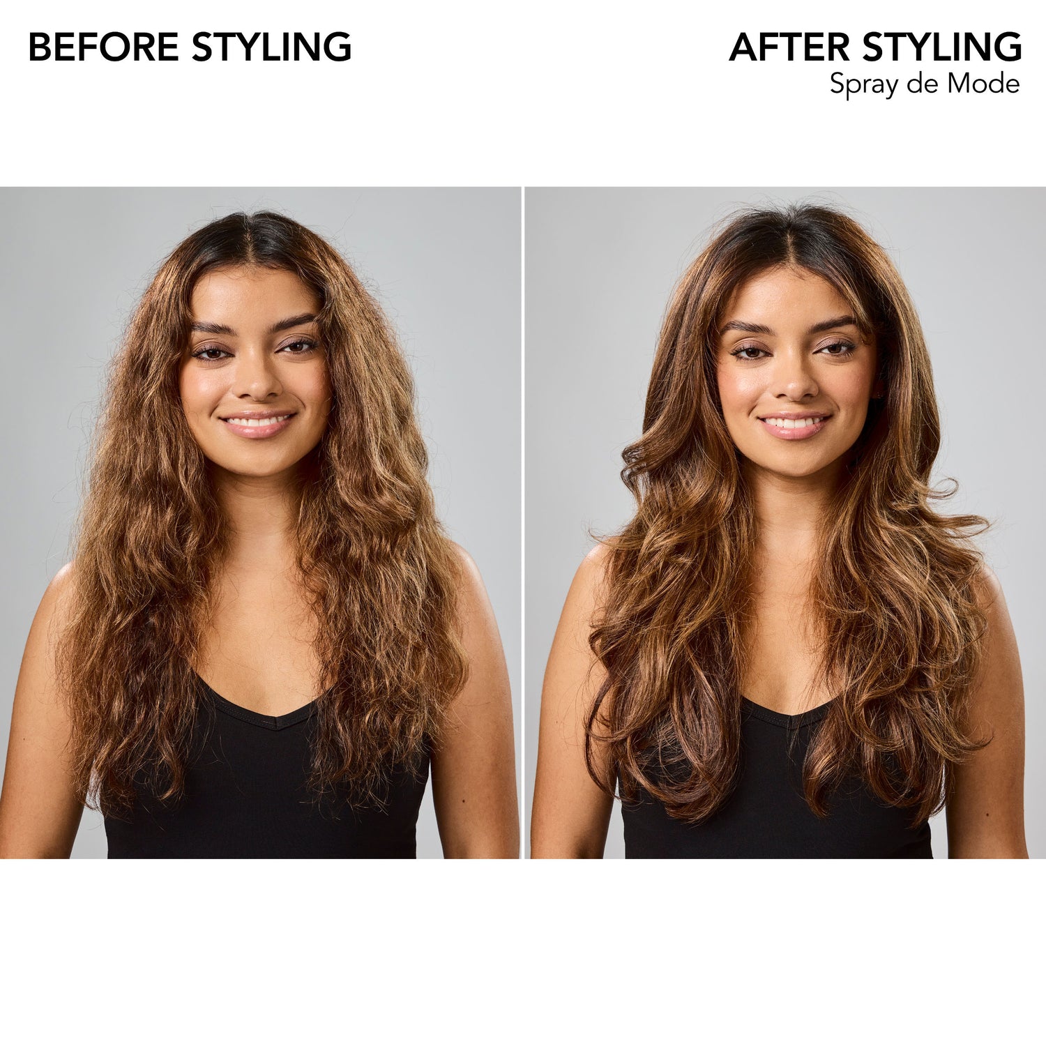 Before and after results of using Bumble and Bumble Spray de Mode Flexible Hold Hairspray