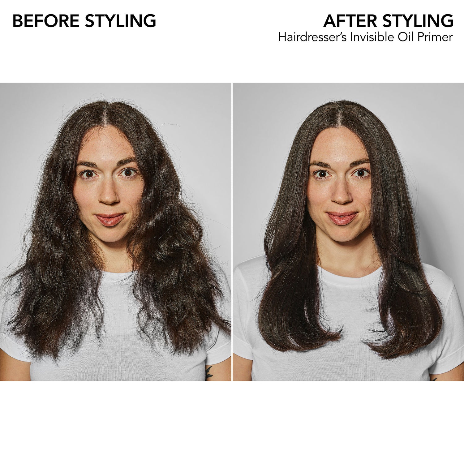 Before and after results of using Bumble and Bumble Hairdresser's Invisible Oil Heat/UV Protective Hair Primer Leave-In Conditioner