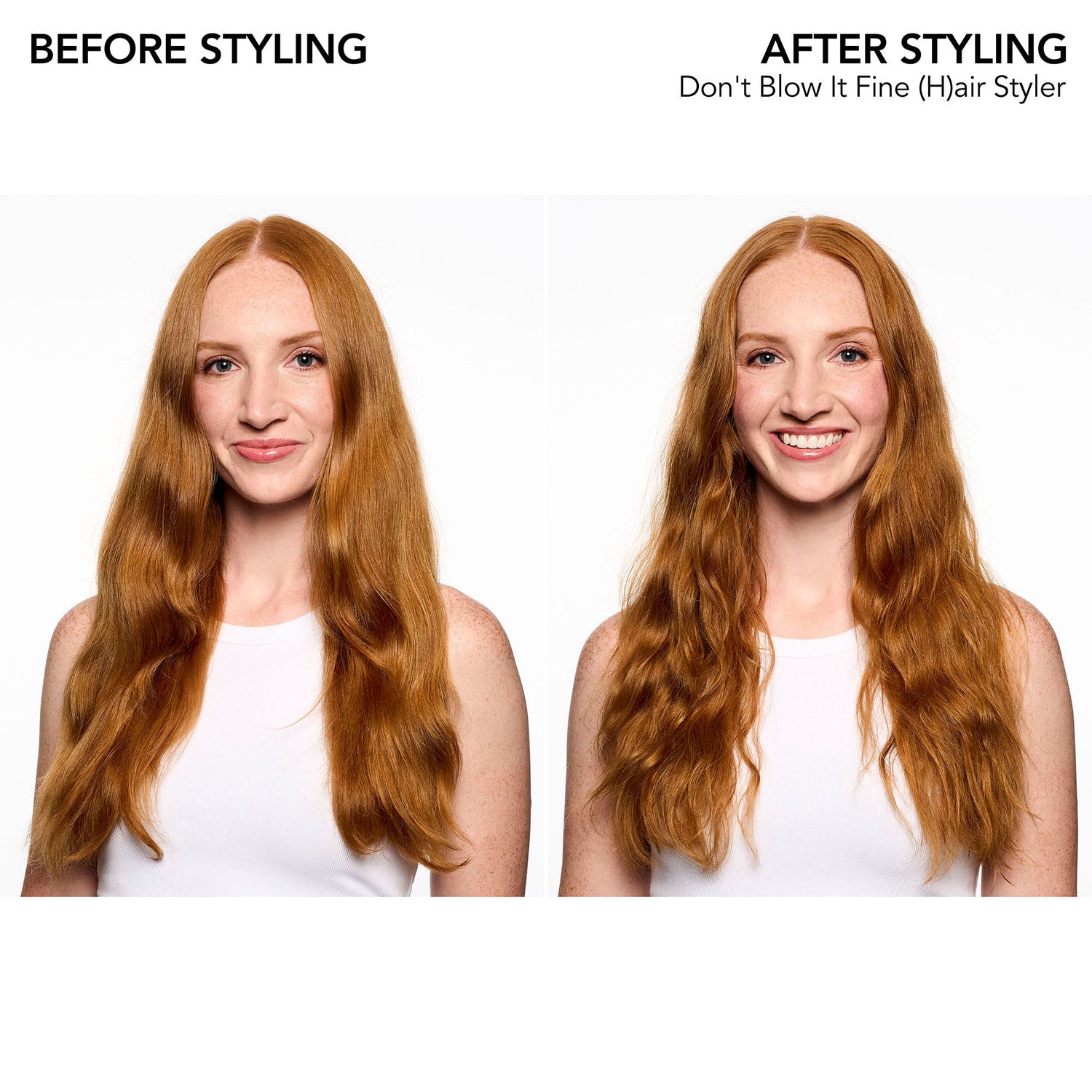 Before and after results of using Bumble and Bumble Don't Blow It Hairstyler