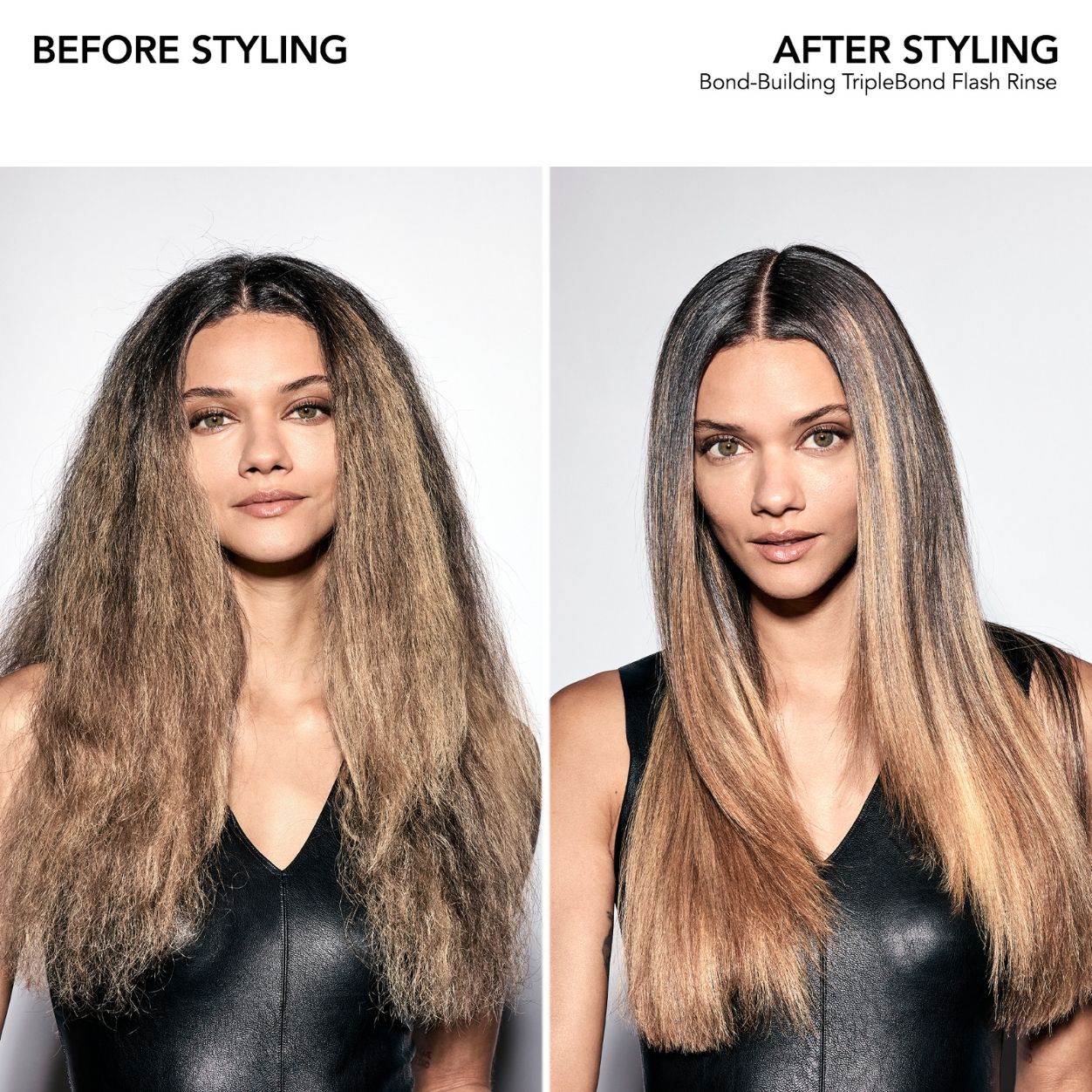 Before and after results of using Bumble and Bumble Bond-Building TripleBond Flash Rinse for Damaged Hair