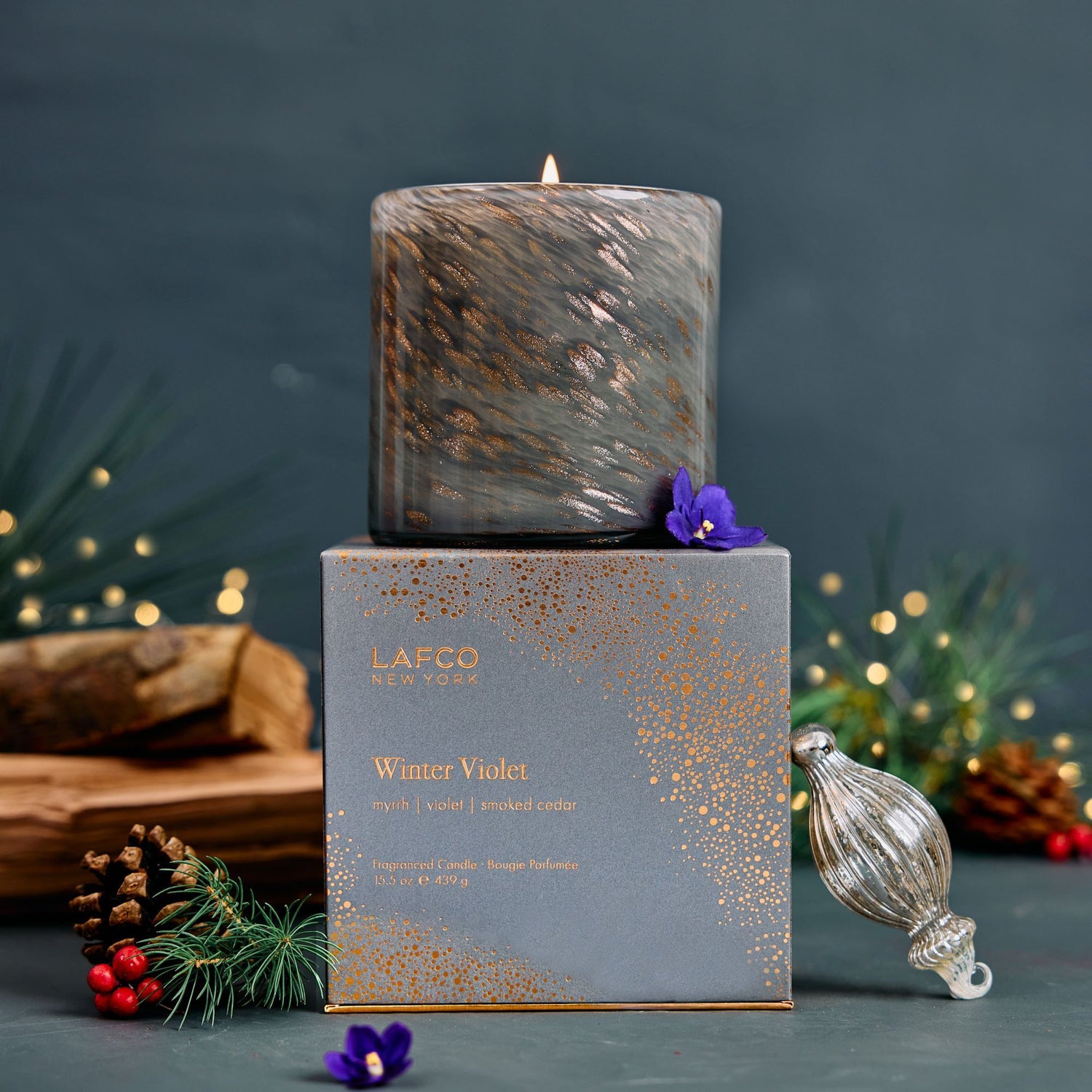 Lifestyle image of Lafco Winter Violet Candle (Limited Edition) variant: 15.5 oz (Signature)