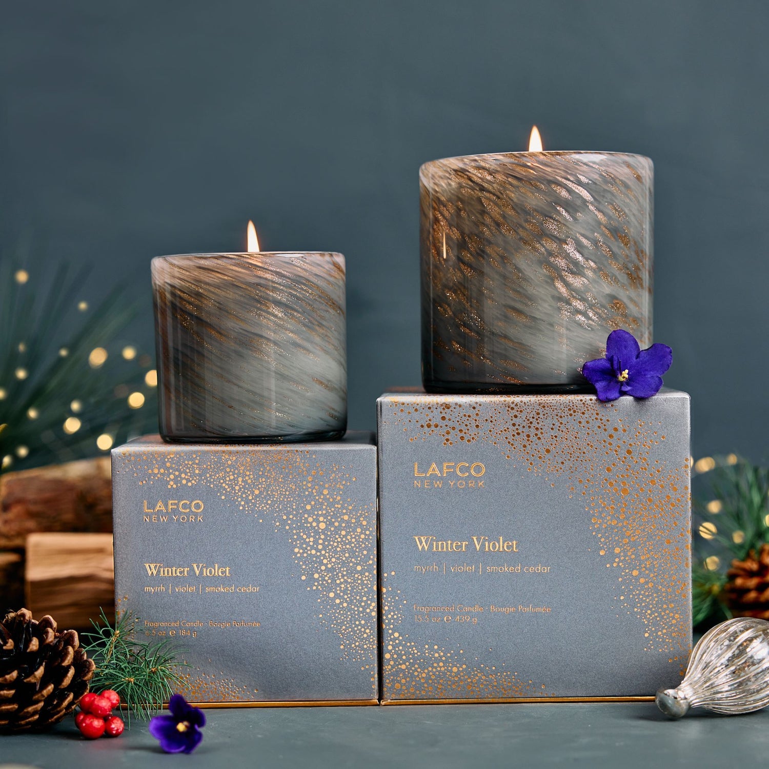 Lifestyle image of Lafco Winter Violet Candle (Limited Edition) variant: 15.5 oz (Signature)