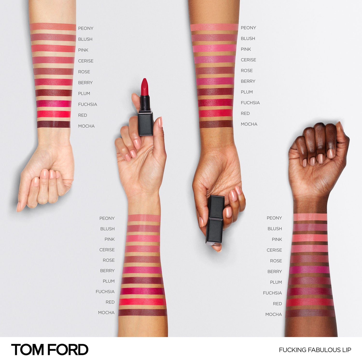 An arm swatch of Tom Ford F'ing Fabulous Lip Color Lipstick variant: F1 Peony
