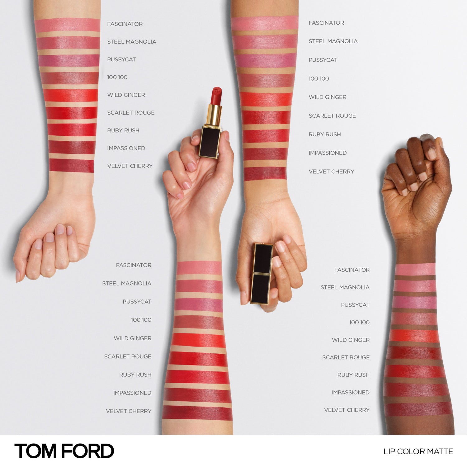 Tom Ford Lip Color Matte Lipstick Color/Shade variant: 100 100 arm swatch image . This product is in the color red