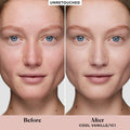 Laura Mercier Real Flawless Weightless Perfecting Foundation Color/Shade variant: 1C1 Cool Vanille before and after image . This product is for light cool complexions