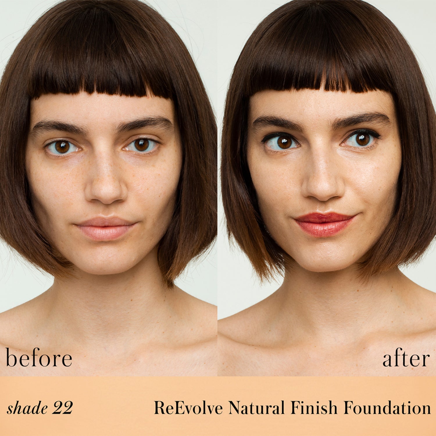 RMS Beauty ReEvolve Natural Finish Foundation Refill Color/Shade variant: 22 before and after image . This product is for medium cool beige complexions