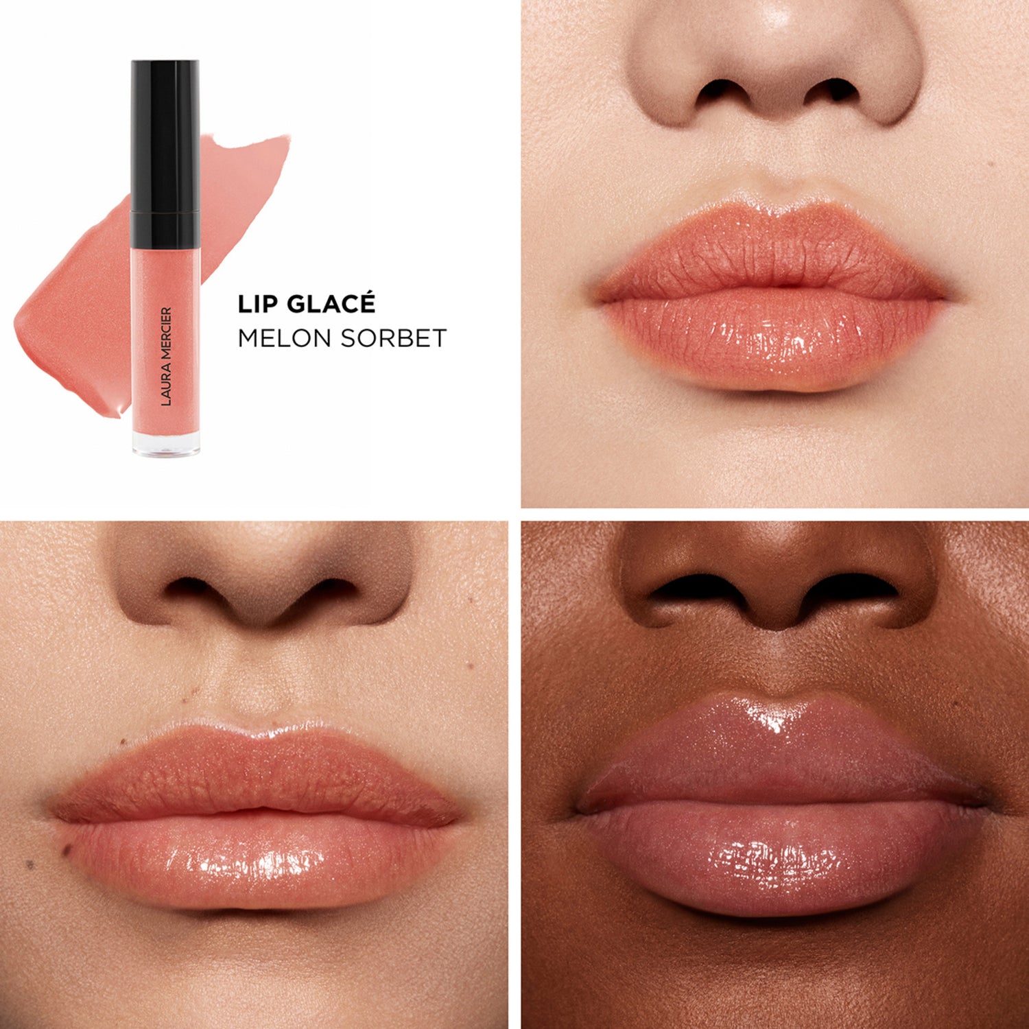 Laura Mercier Lip Glacé Lip Gloss Color/Shade variant: Melon Sorbet model image . This product is in the color coral