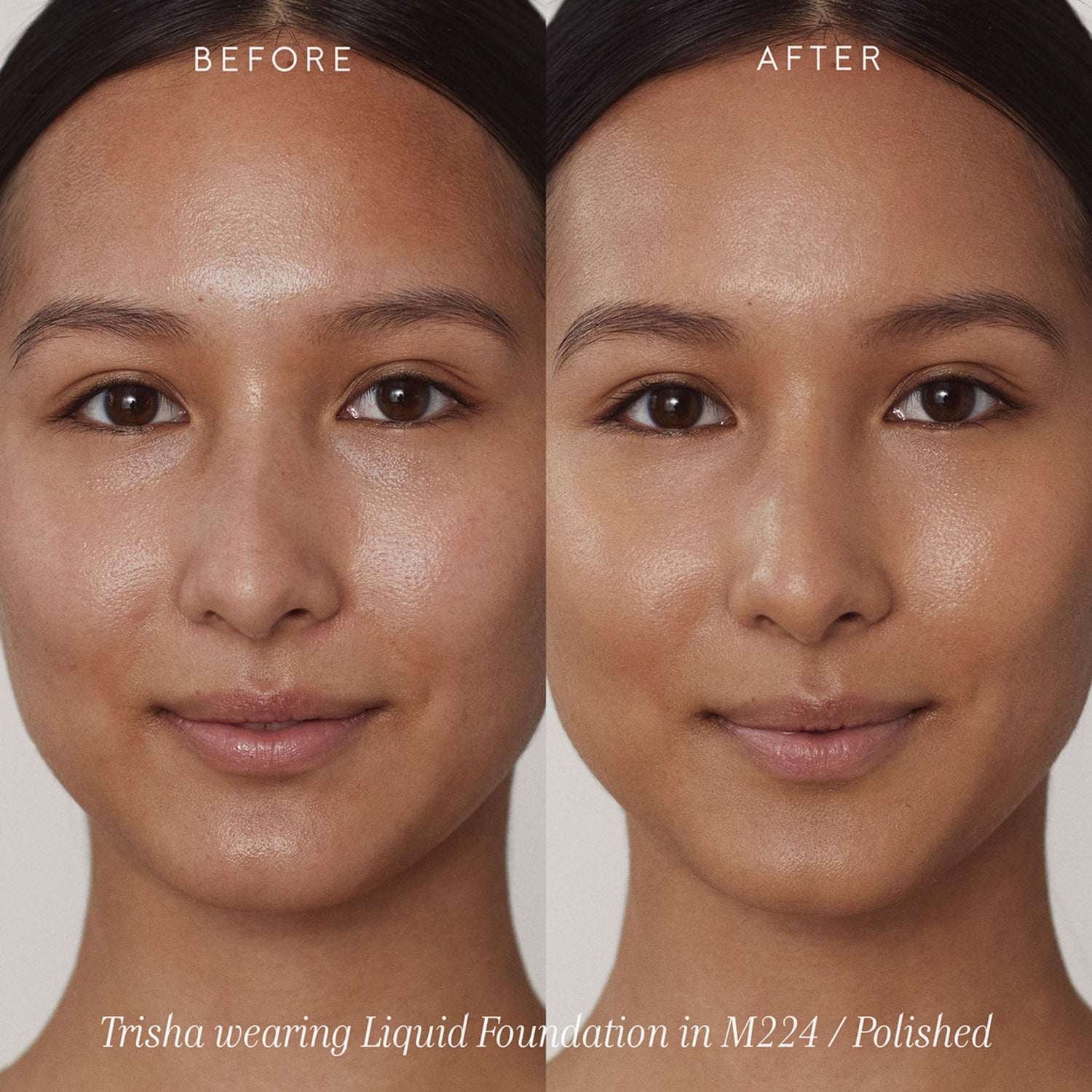 Kjaer Weis Invisible Touch Liquid Foundation Color/Shade variant: Polished M224 before and after image . This product is for medium cool golden complexions