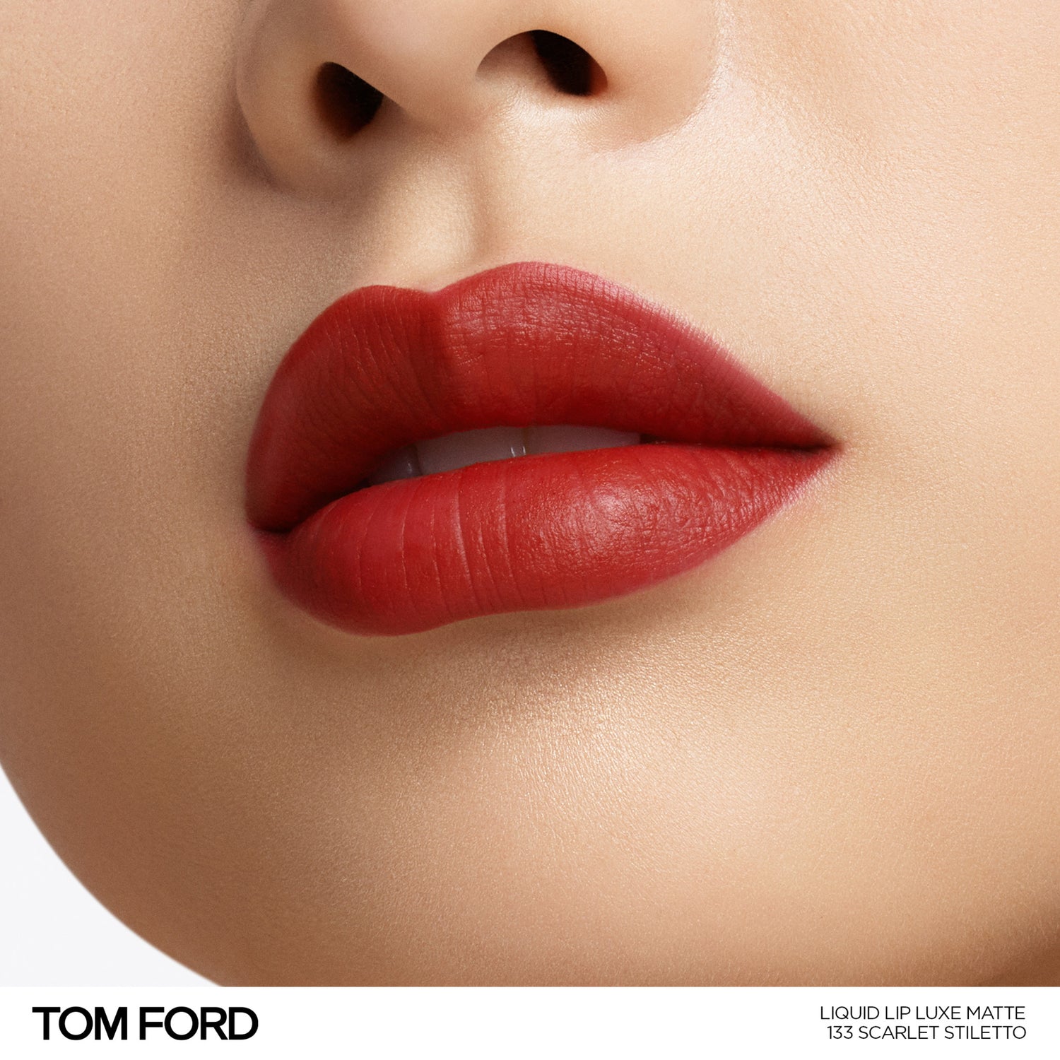 Tom Ford Liquid Lip Luxe Matte Color/Shade variant: Scarlet Screet model image . This product is in the color red