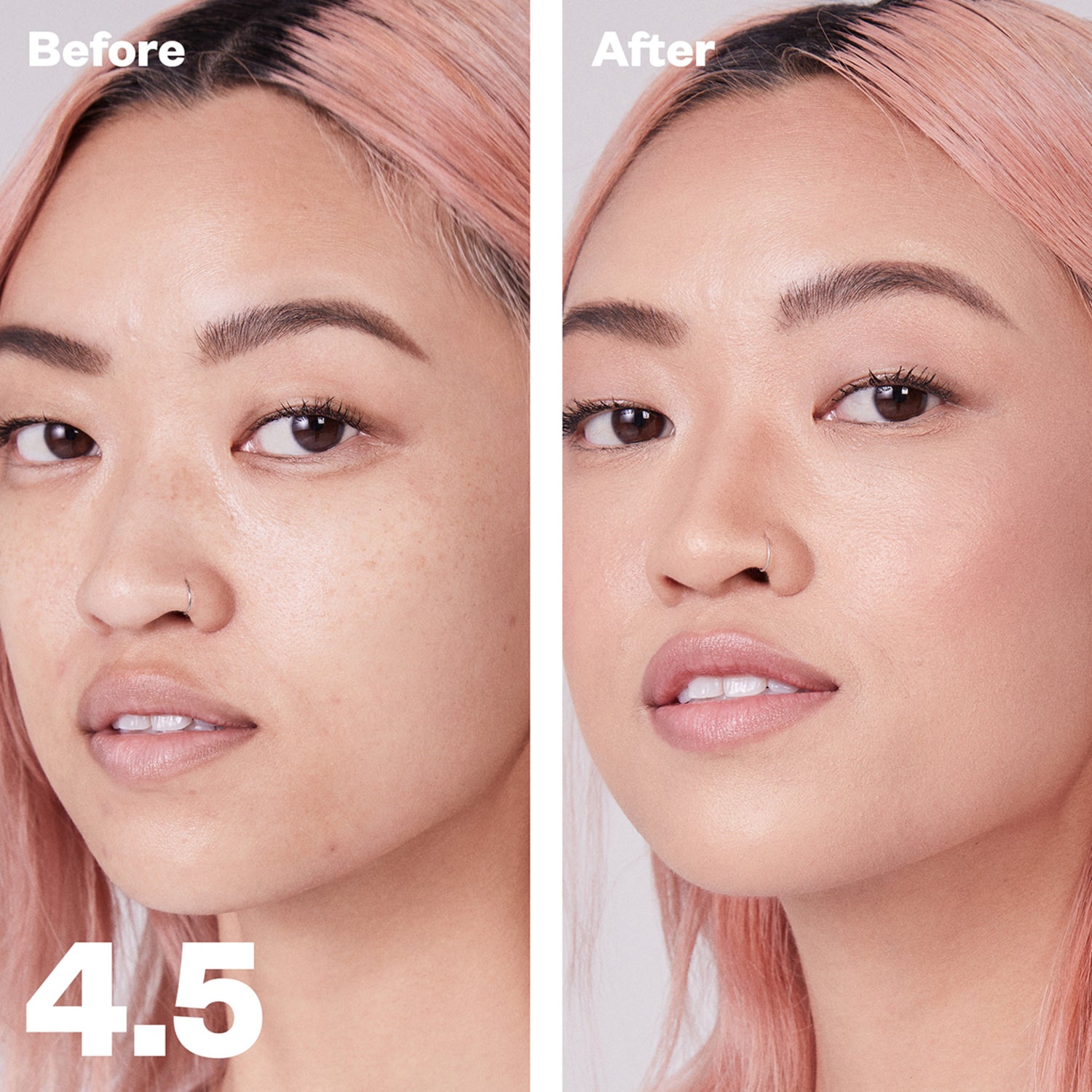 Kosas Revealer Concealer Color/Shade variant: Tone 4.5 N before and after image . This product is for medium cool neutral pink complexions