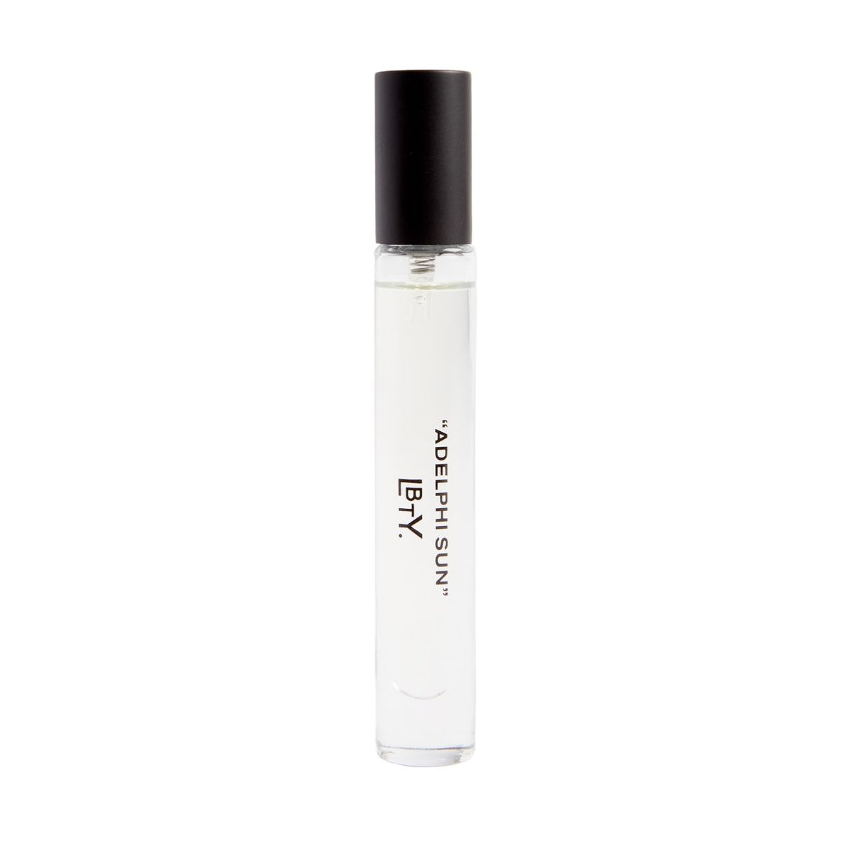 A cylindrical Liberty LBTY. Adelphi Sun Eau De Parfum rollerball with a black cap, featuring the text ADELPHI SUN and a logo printed on the side, displayed against a sunlit glasshouse backdrop.