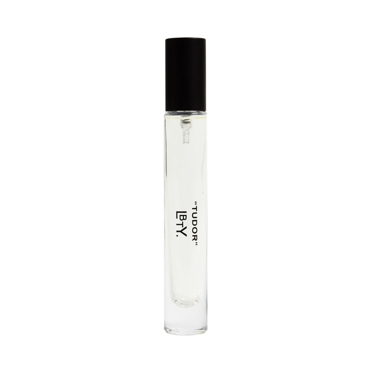 A clear glass Tudor Eau De Parfum rollerball with a black cap, labeled TUDOR and LBTY.