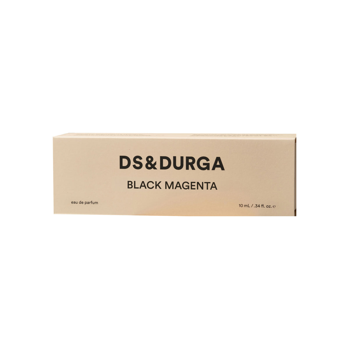 Rectangular beige box for D.S. & Durga Black Magenta Eau de Parfum, printed with brand name, product name, and volume.