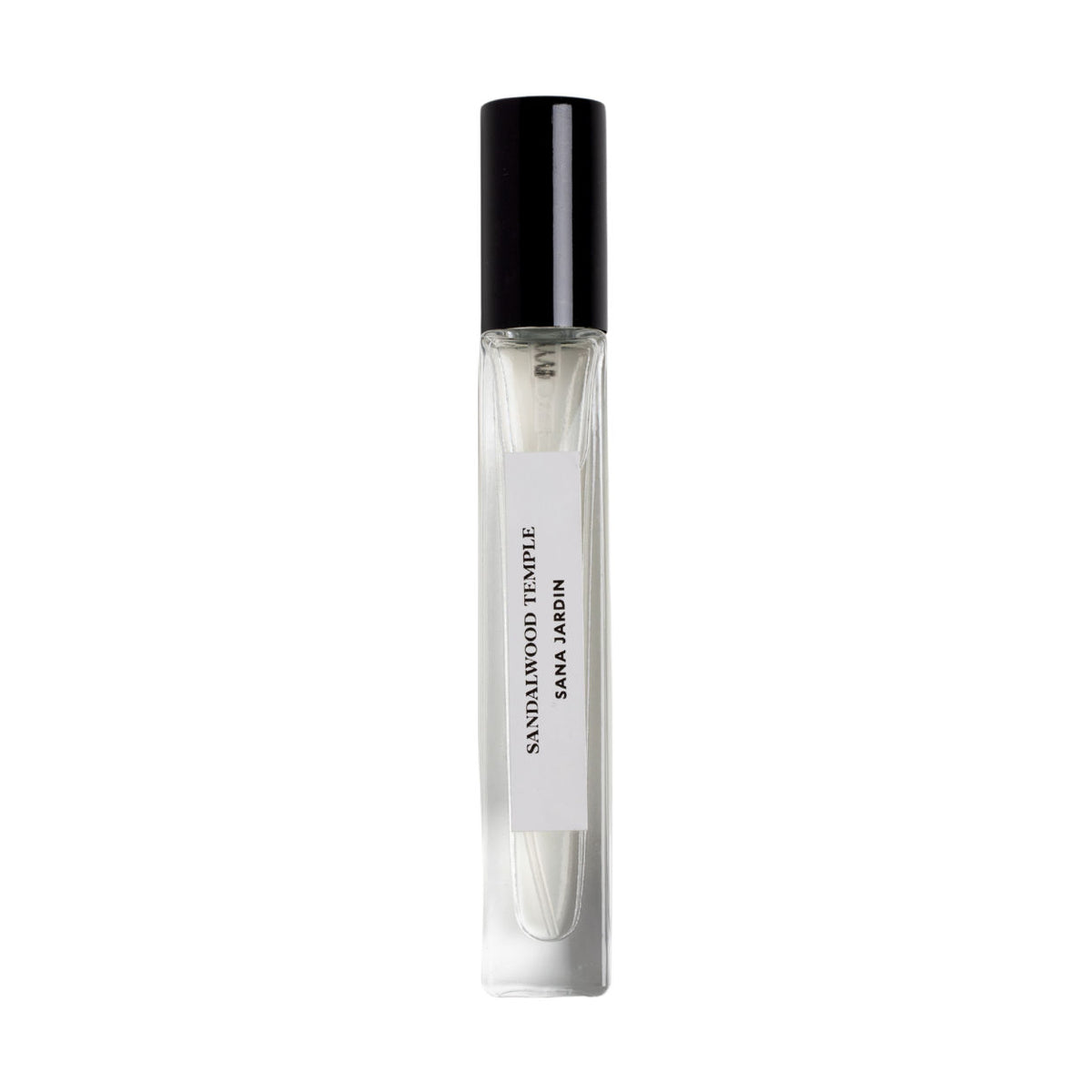 A slender, cylindrical glass bottle of Sandalwood Temple Eau de Parfum by Sana Jardin, topped with a black cap and featuring a label that evokes a sense of inner peace.