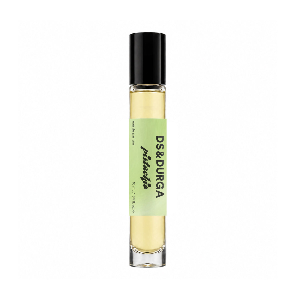 A tall, cylindrical D.S. & Durga Pistachio Eau de Parfum rollerball bottle containing amber-colored liquid with a light green label.