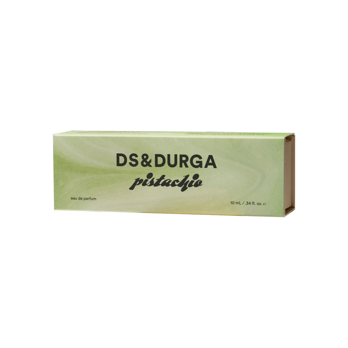 Rectangular D.S. & Durga Pistachio Eau de Parfum box in pistachio marbled textures, featuring the brand name and product title printed in black text.