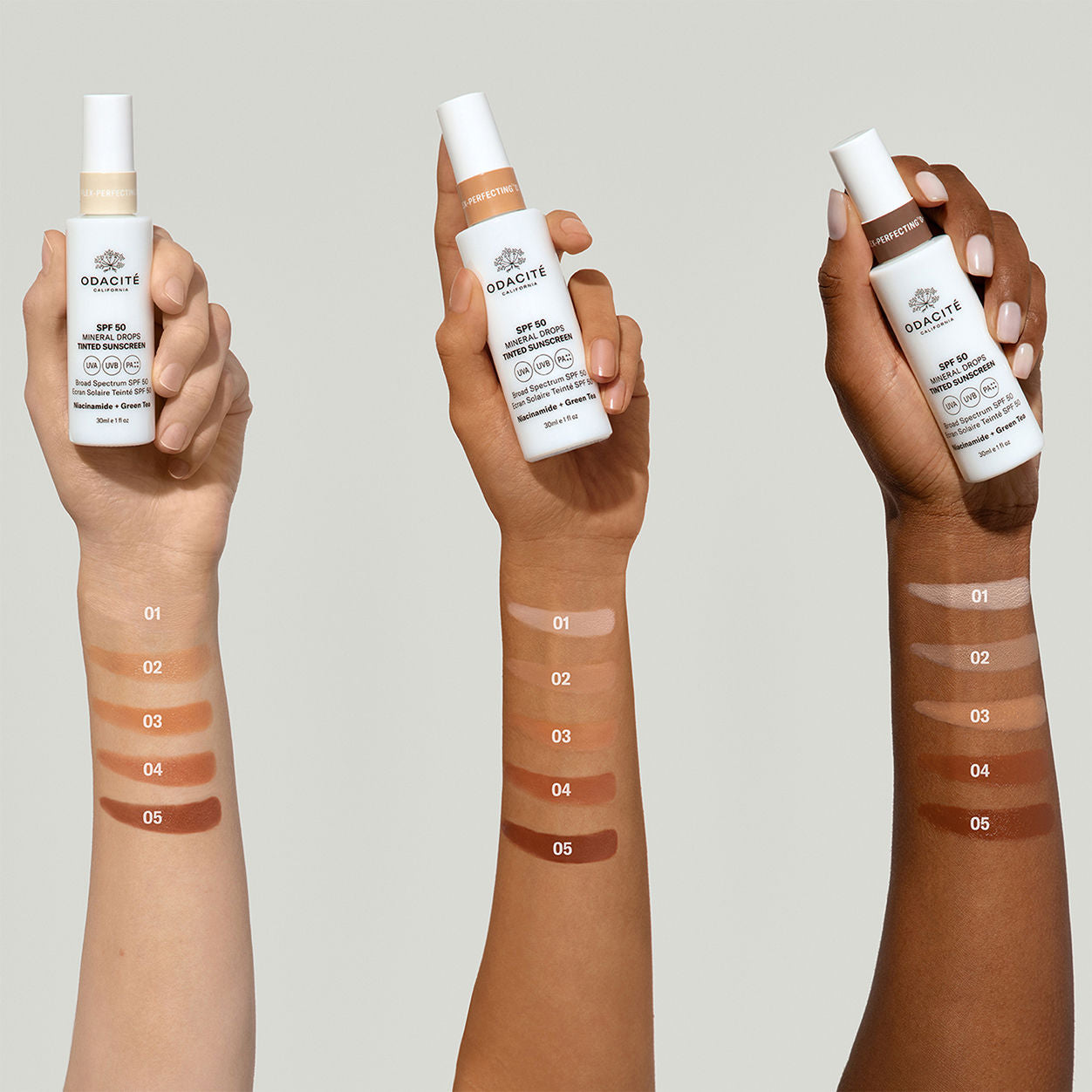 An arm swatch of Odacité Flex-Perfecting Mineral Drops Tinted Sunscreen SPF 50 variant: 05 Deep