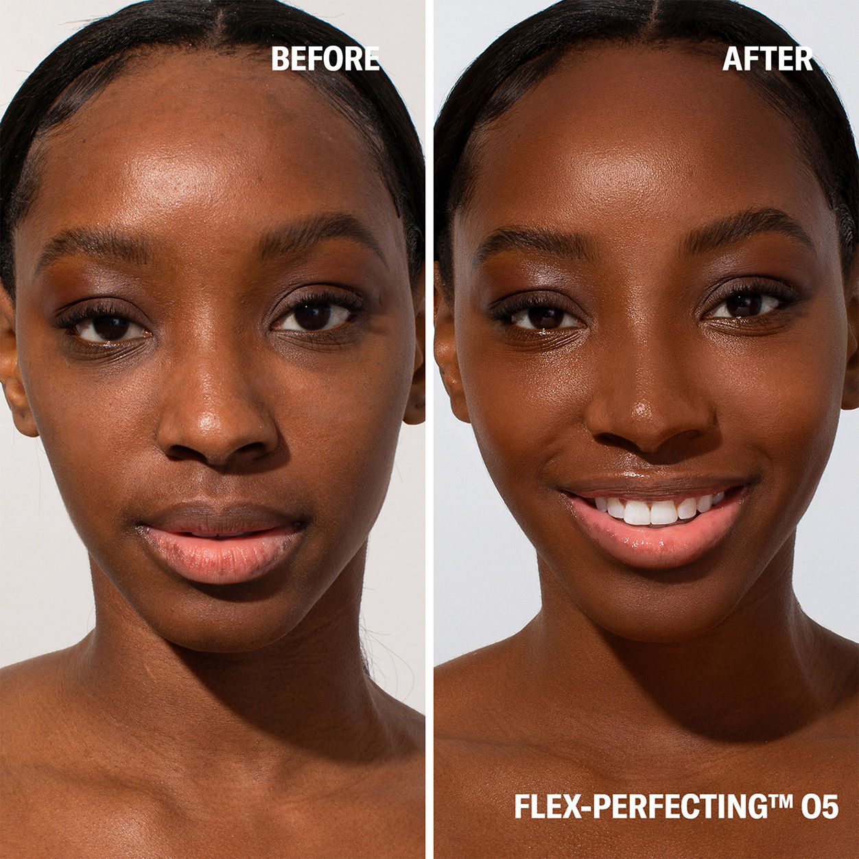 Before and after results of using Odacité Flex-Perfecting Mineral Drops Tinted Sunscreen SPF 50 variant: 05 Deep