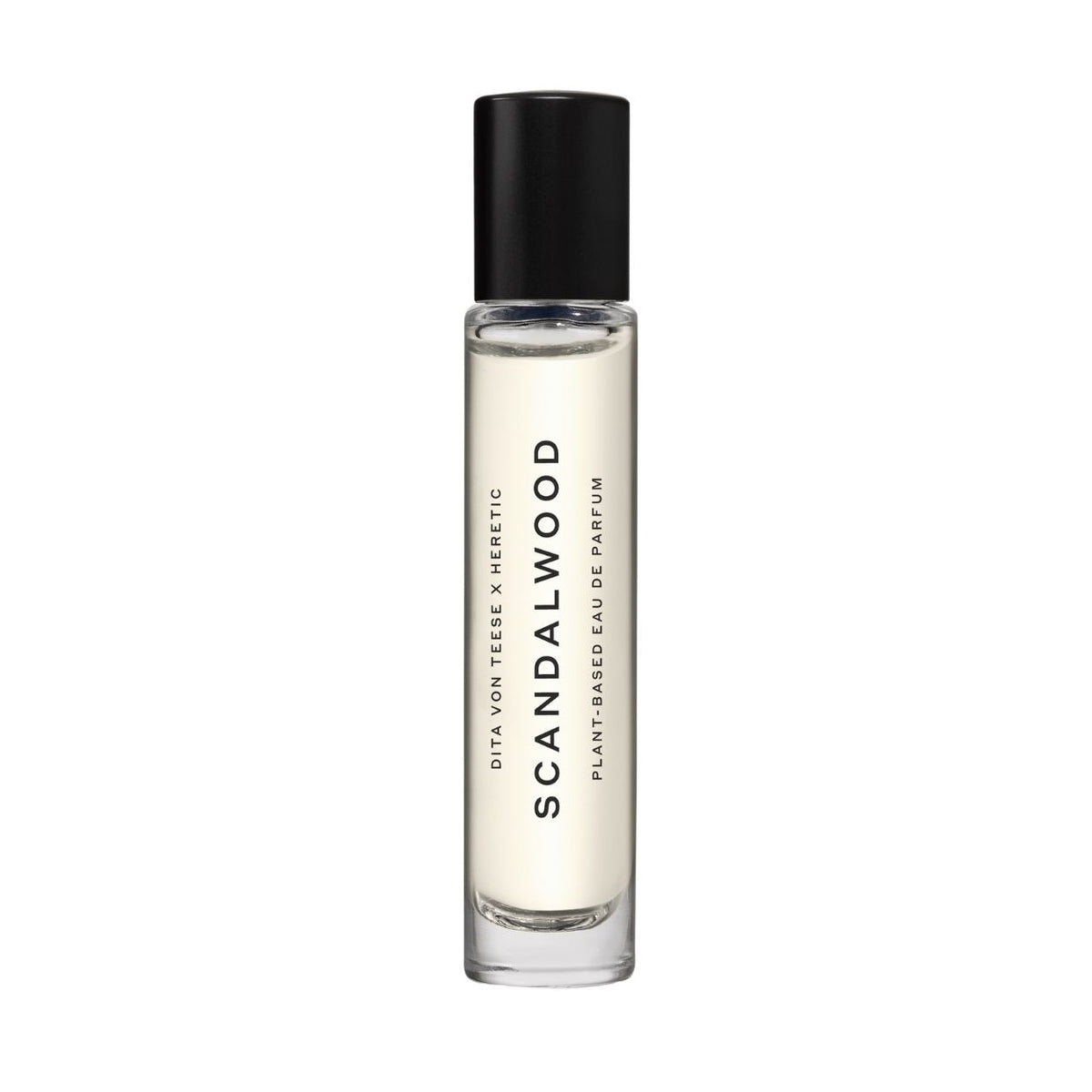 Clear glass Heretic Scandalwood Eau de Parfum roll-on bottle with a black cap, labeled with the scent name and plant-based notes of Bulgarian rose.