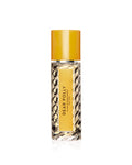 A tall, cylindrical, textured glass bottle of Dear Polly Eau de Parfum with a yellow cap and a yellow label, evoking the spirit of morning tea.
