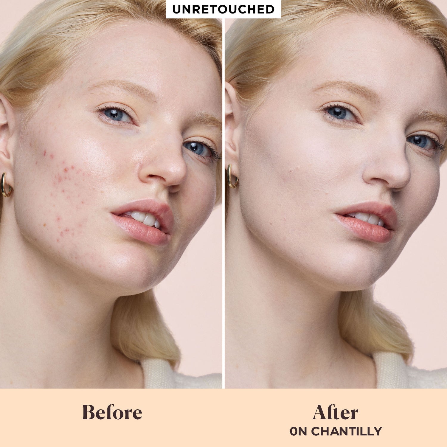 Before and after results of using Laura Mercier Real Flawless Feather Matte Powder Foundation variant: 0N Chantilly​