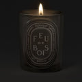 A lit Diptyque Feu de Bois candle in a translucent gray glass jar with an oval label, evoking a winter fireplace.