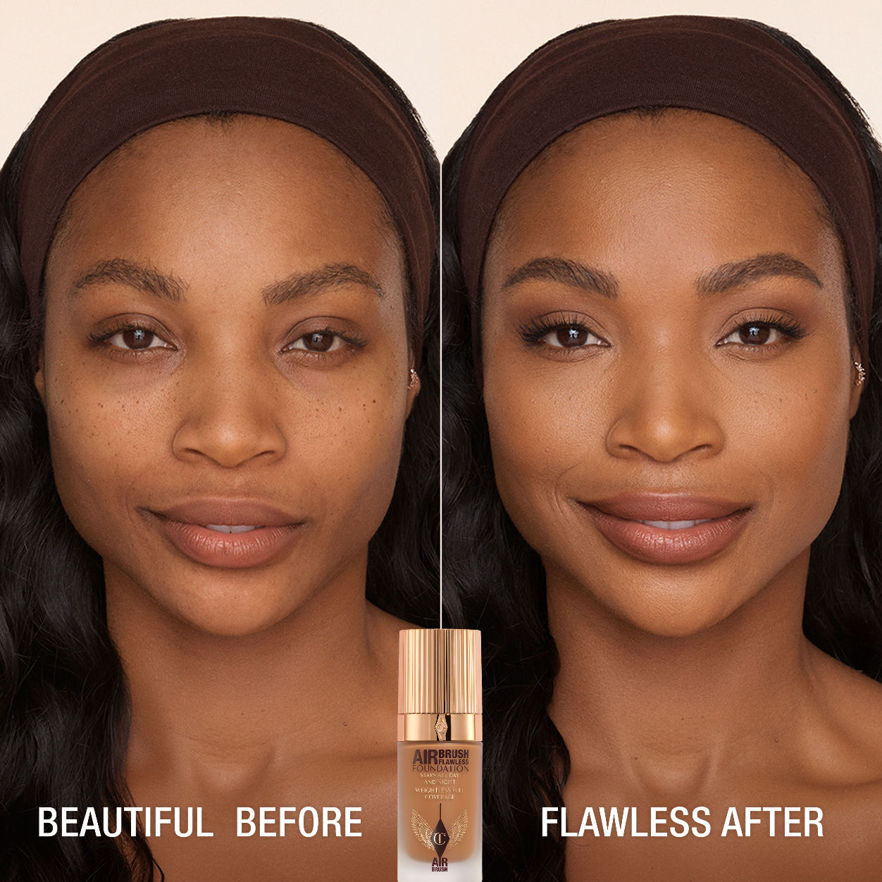 Before and after results of using Charlotte Tilbury Airbrush Flawless Foundation variant: 12 Warm