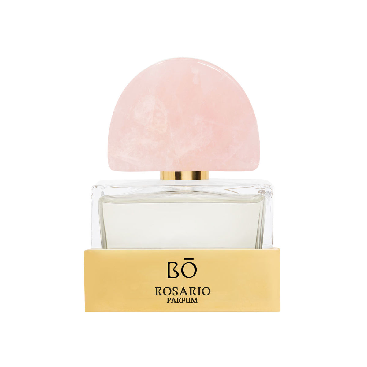 A square Bō Rosario Parfum bottle featuring floral notes, a pink stone, a semi-circular cap, and a gold base.