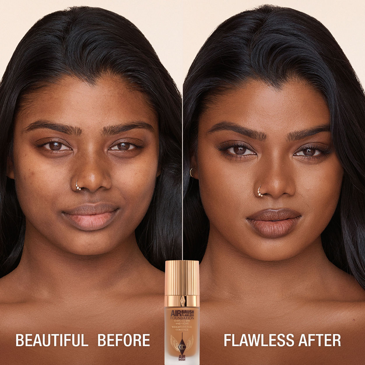 Before and after results of using Charlotte Tilbury Airbrush Flawless Foundation variant: 13 Cool