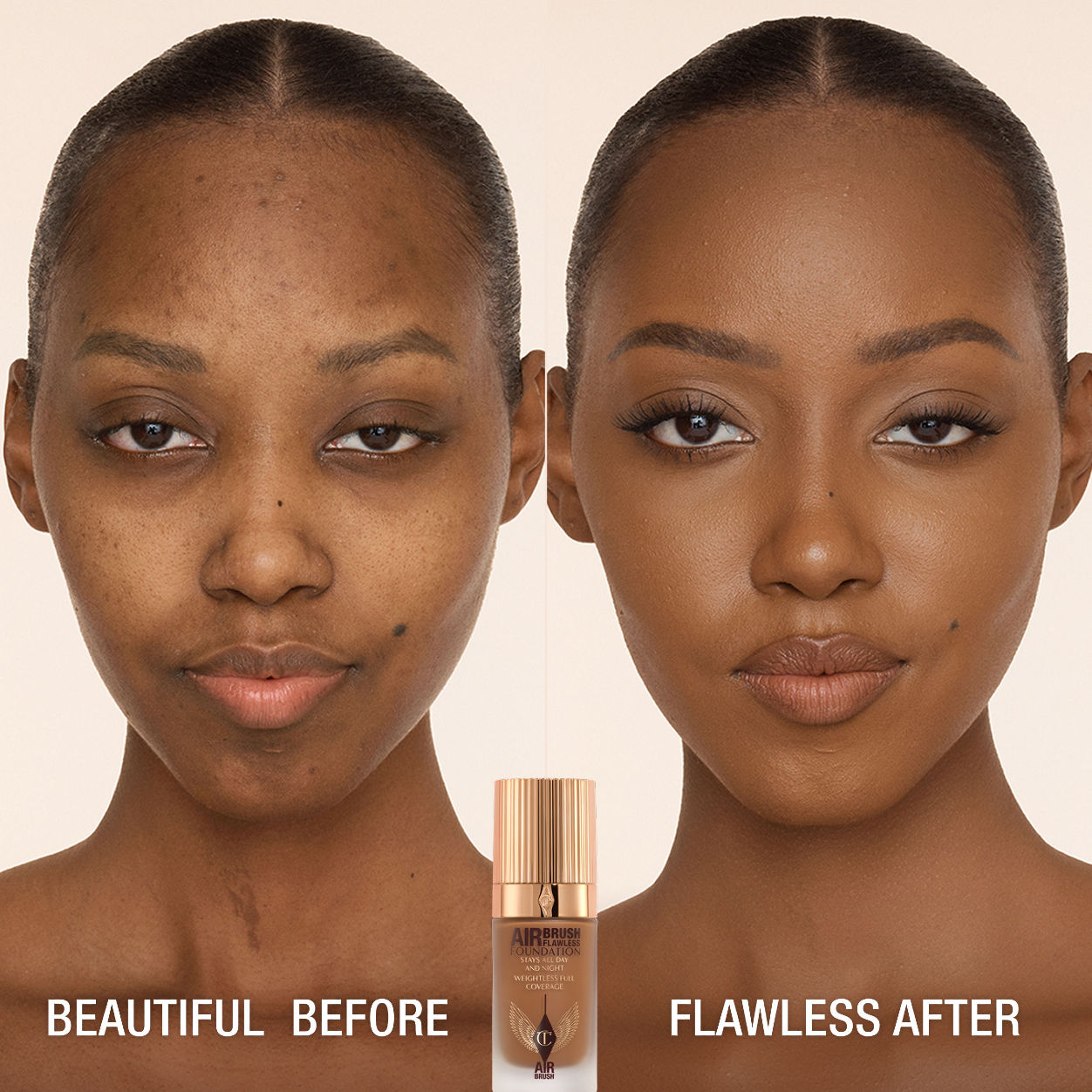 Before and after results of using Charlotte Tilbury Airbrush Flawless Foundation variant: 13 Neutral