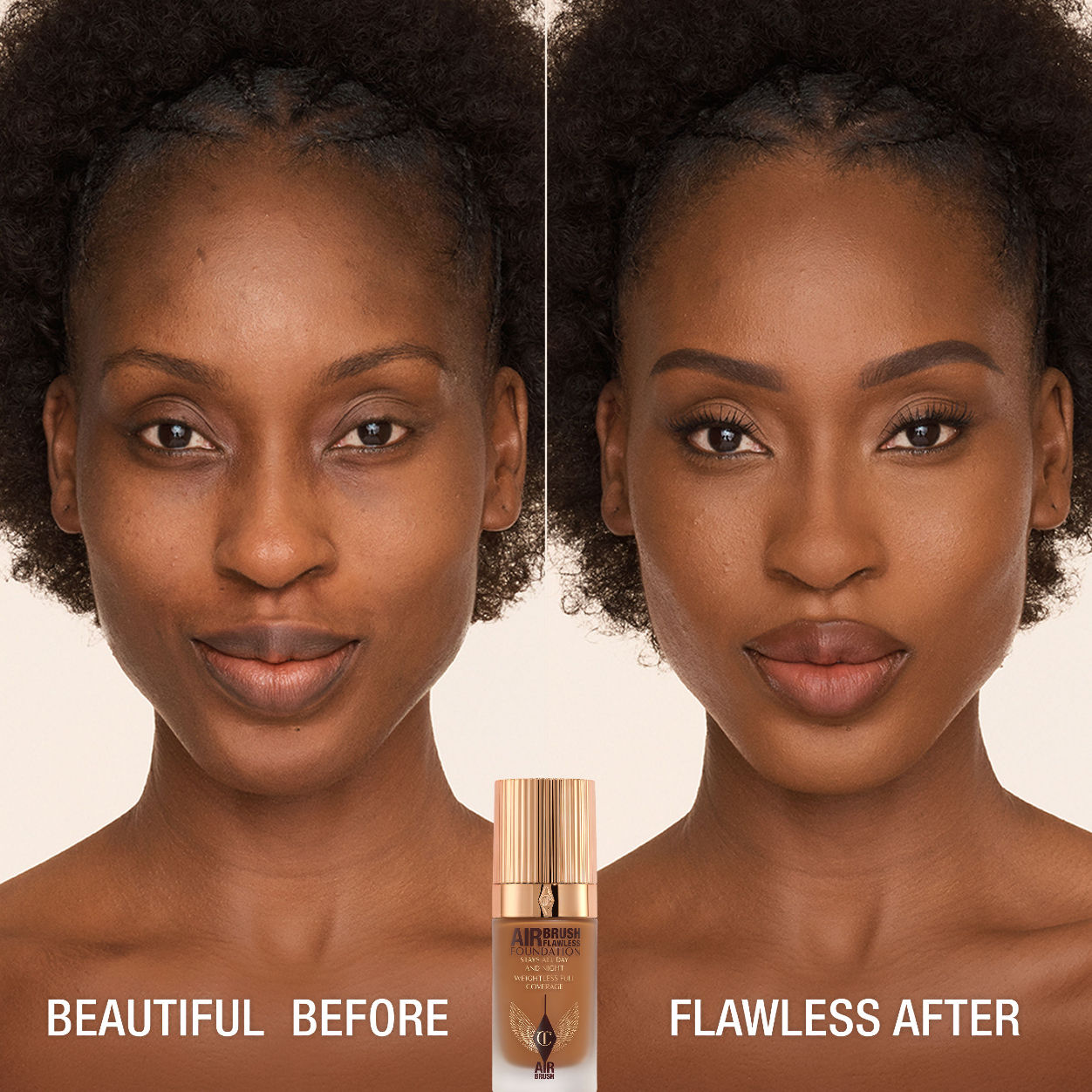 Before and after results of using Charlotte Tilbury Airbrush Flawless Foundation variant: 13 Warm