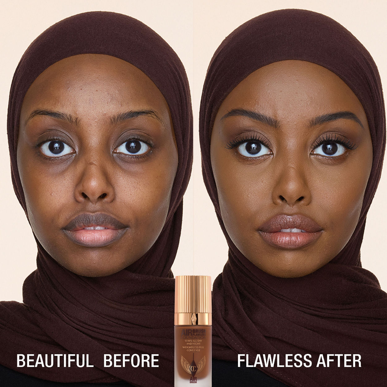 Before and after results of using Charlotte Tilbury Airbrush Flawless Foundation variant: 14 Neutral
