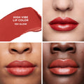 A smear of vivid Laura Mercier High Vibe Lip Color 160 Glow shown applied to the lips of three different skin tones, featuring a modern formula.
