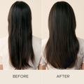 Before and after comparison of dry hair showing a transition to smoother, shinier hair after treatment with Christophe Robin Hydrating Shampoo With Aloe Vera.