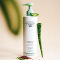 Christophe Robin Hydrating Shampoo With Aloe Vera in a white pump bottle, displayed with an aloe vera leaf and a pile of small seeds at its base.