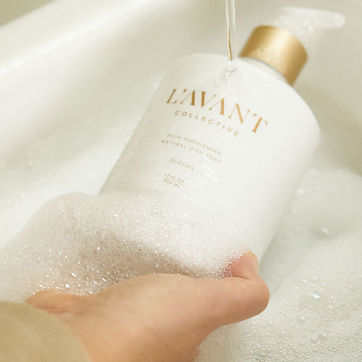 Lifestyle image of L’Avant Collective Fresh Linen High Performing Dish Soap variant: 16 oz