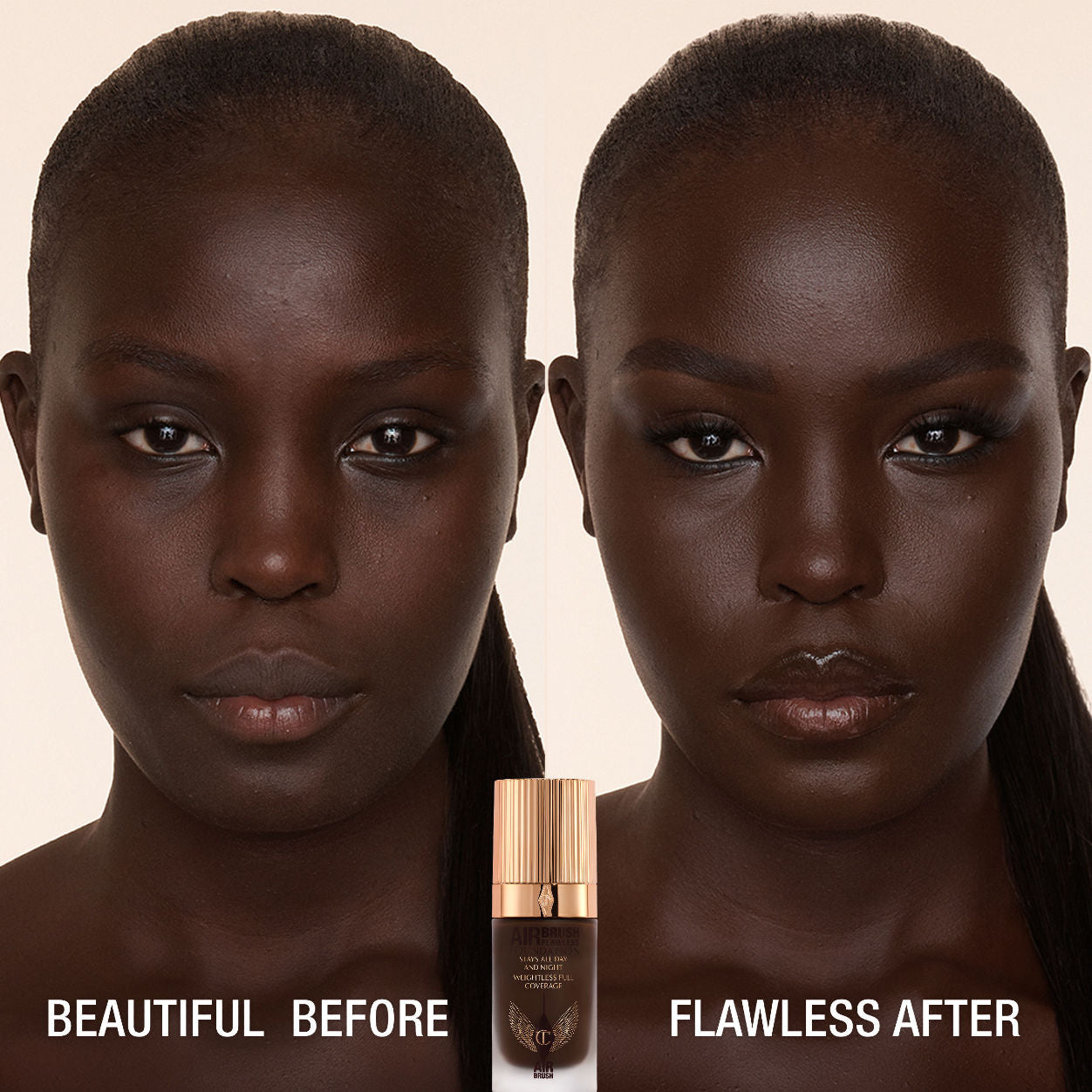 Before and after results of using Charlotte Tilbury Airbrush Flawless Foundation variant: 17 Neutral