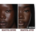 Before and after results of using Charlotte Tilbury  Charlotte's Beautiful Skin Foundation variant: 17 Neutral (deepest with neutral undertones)
