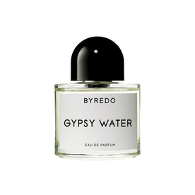 A clear glass bottle of Byredo Gypsy Water Eau de Parfum with a round black cap and a white label.