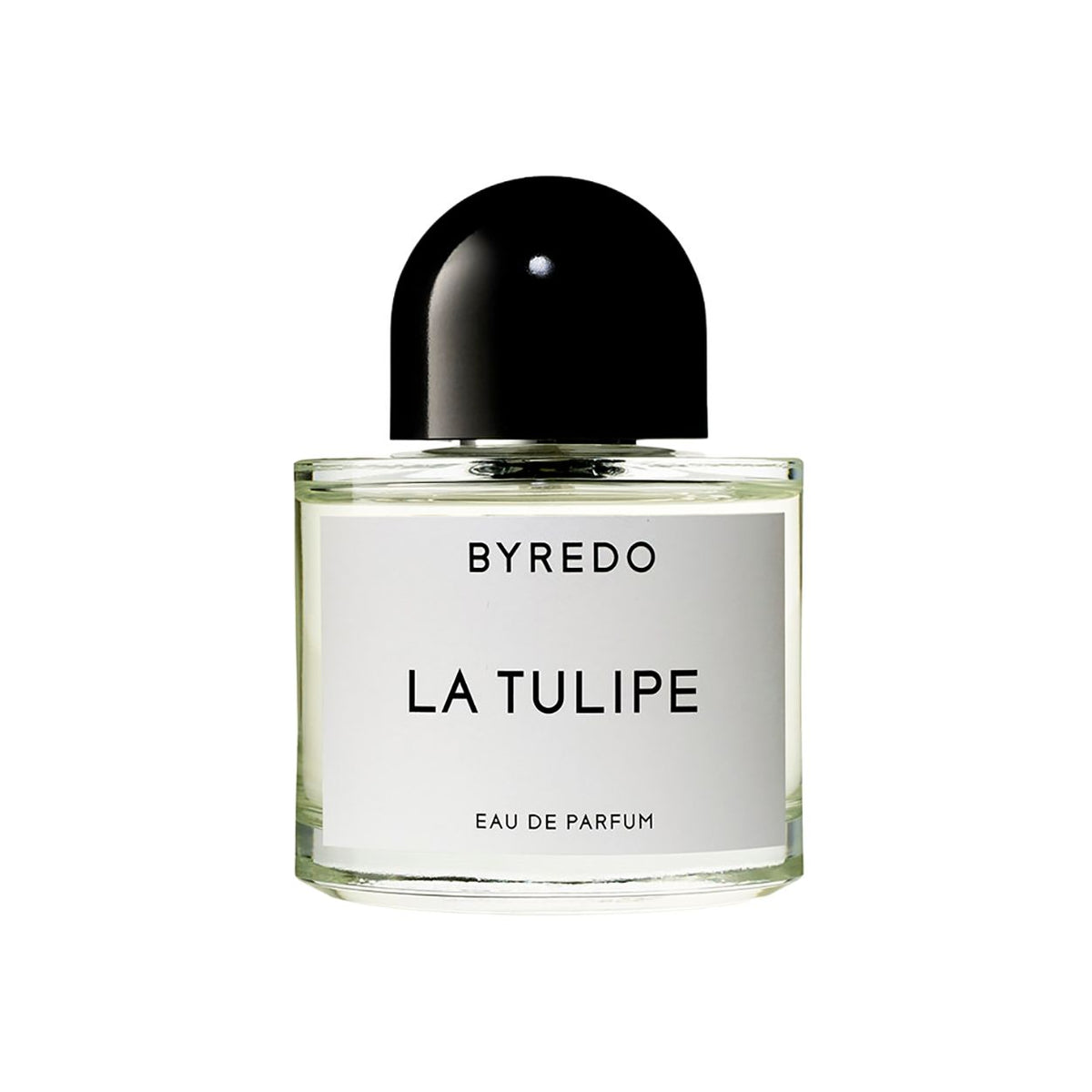A glass bottle of Byredo La Tulipe Eau de Parfum with a black domed cap, featuring a minimalist white label and hints of freesia.